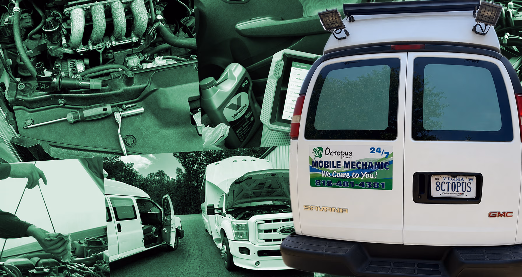 Collage: mobile mechanic van, engine repairs, oil container, diagnostic tool, and handshake.