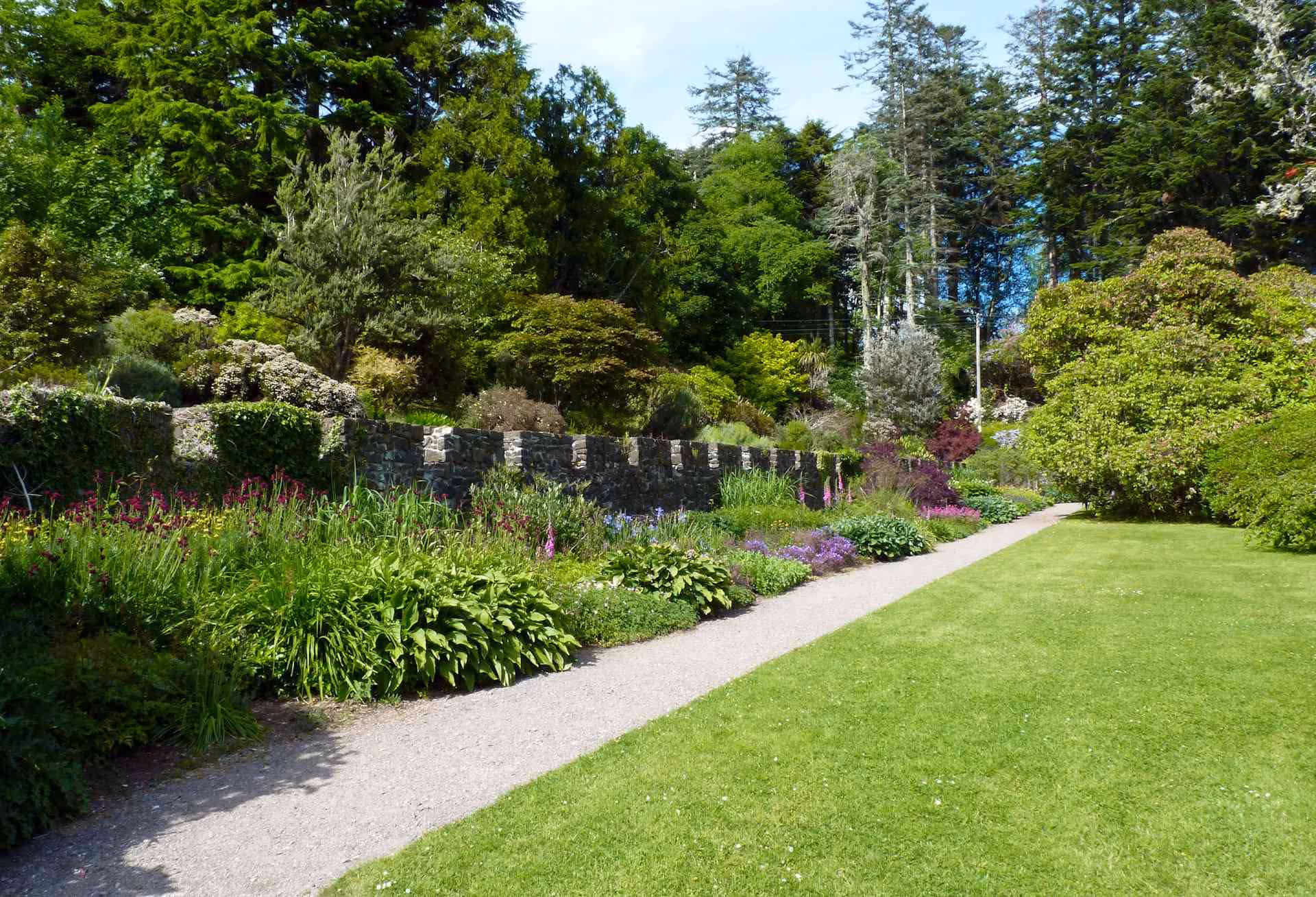 Sunny garden path bordered by lush green grass and colorful flower beds with dense trees in the background.